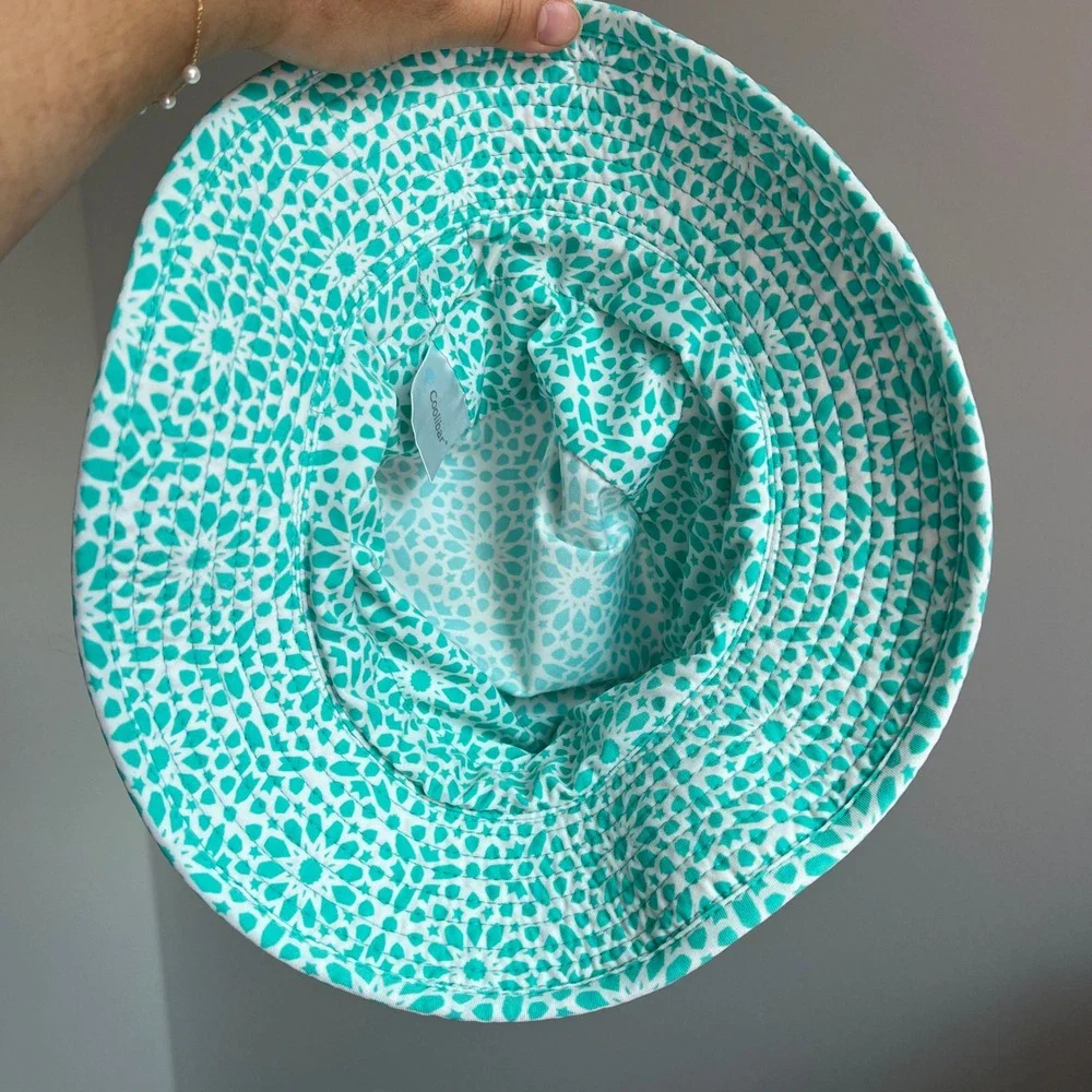 Coolibar Teal & White Floral Youth Bucket Sun Hat S/M  UPF 50+ High Performance